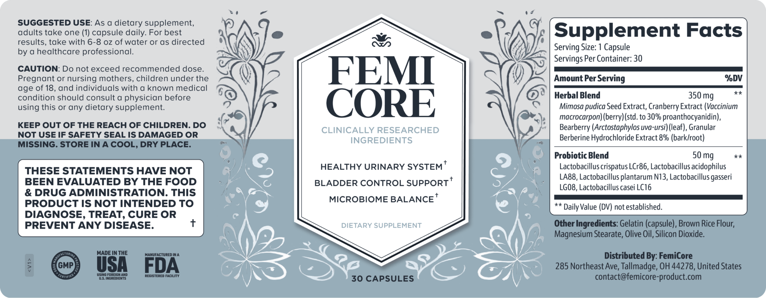 FemiCore supplement facts label